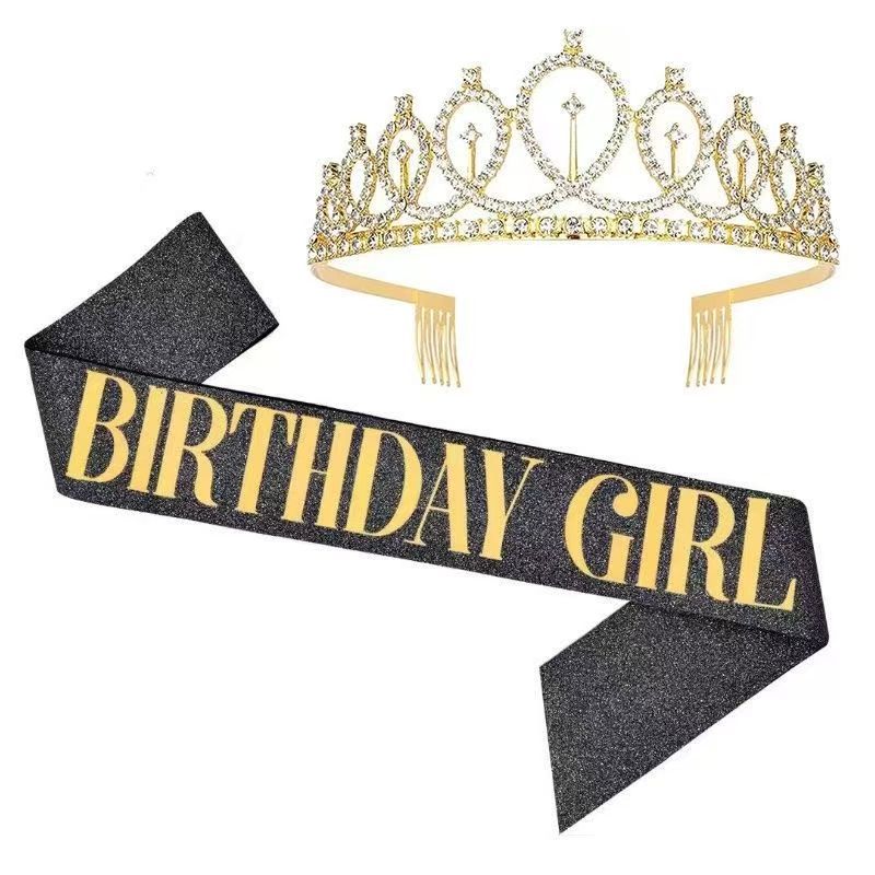 Cumpleaños en stock, banda de cumpleaños, correa de etiqueta, corona de oro rosa, correa de hombro