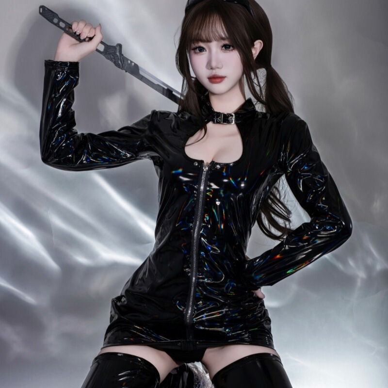Sexy Lingerie with Zipper, High Elasticity, Shiny Pu Leather, Latex, Glossy Patent Leather Nightclub Bodysuit