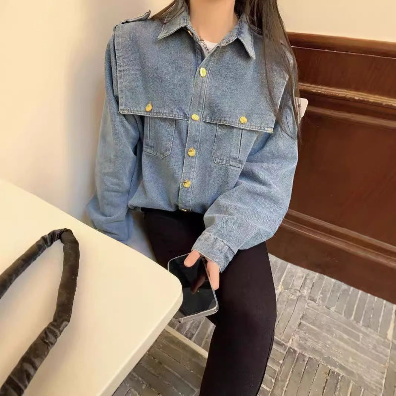 2024 Vibe Style Retro Denim Shirt Jacket Layered Autumn Navy Collar Long-Sleeved Shirt Trendy Sweet and Spicy Style