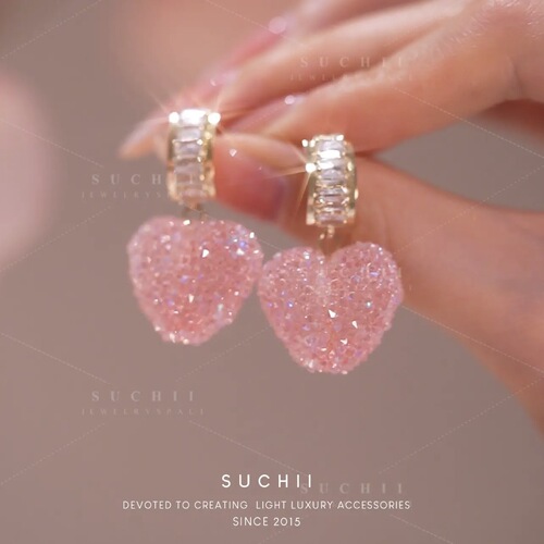 Same style rock candy peach heart cute candy color heart shaped crystal zircon earrings S925 silver needle pink love heart