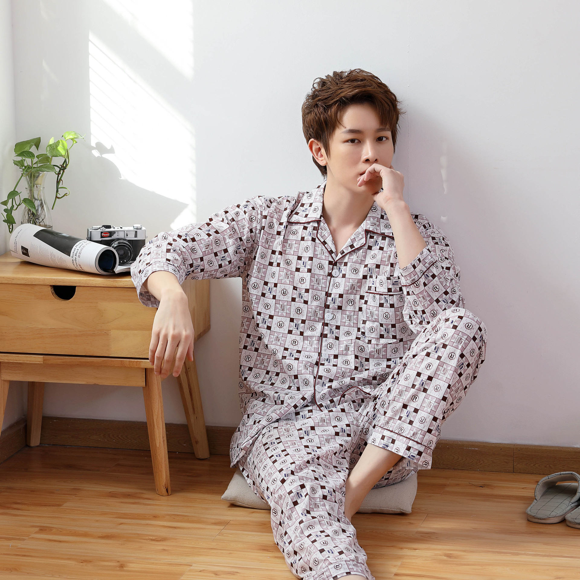 Pijamas de manga larga de verano Delgado casual simple traje homewear pijamas más tamaño cardigan pequeña solapa primavera y otoño