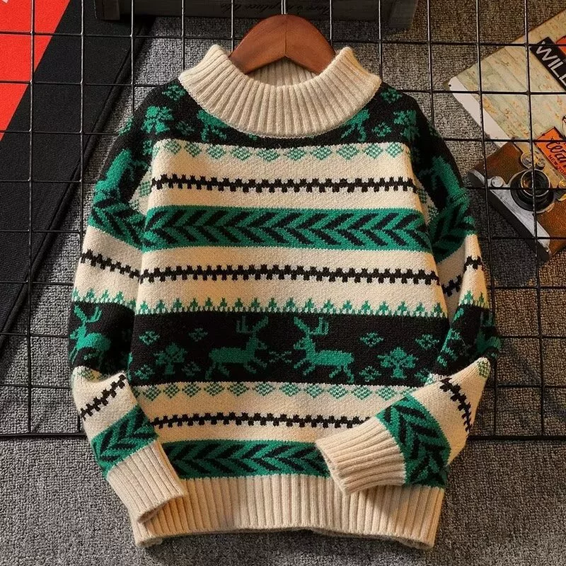 Свитер для мальчиков 2024 Осень Зима Новый CUHK Детский трикотаж с круглым вырезом на дне Толстый полосатый топ