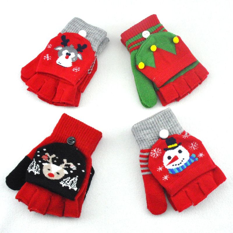 ハロウィーンクリスマス鹿雪だるまニットジャカード手袋冬防寒保温カバー半指手袋|undefined
