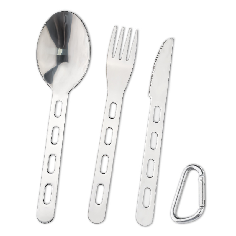 Kit de cubierta de camping al aire libre botón de montaña combinación cuchillo y tenedor cucharas de viaje portátil de tres piezas cuchillo y tenedor cucharas de acero inoxidable