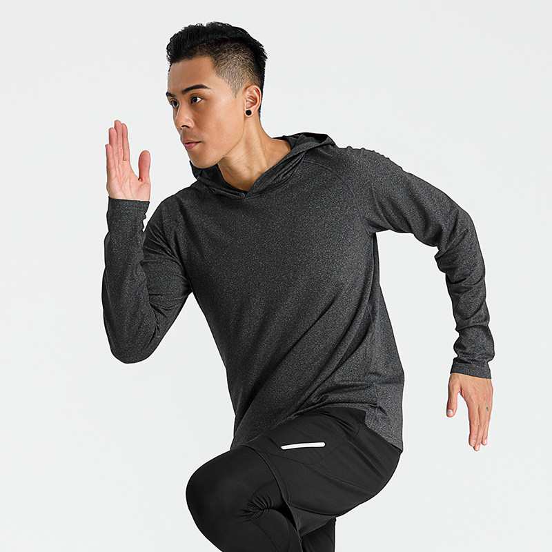 Otoño e Invierno Camiseta deportiva de manga larga Entrenamiento de fitness para hombres con capucha delgada de secado rápido transpirable estiramiento casual camiseta hombres