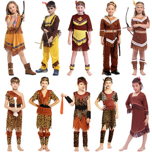 Children's Savage Costume African Native Primitive Costume Dancing Leopard Print Costume Hunter Indian Performance Costume