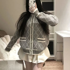 跨境超好看针织开衫外套秋冬季小香风设计感撞色菱格长袖毛衣女装