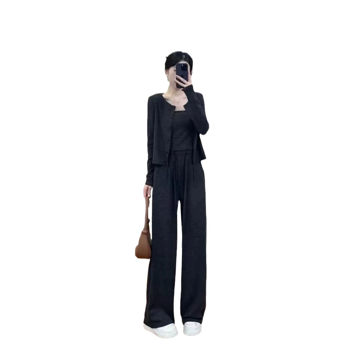 Autumn Thin Cardigan Knit 3-Piece Set — Cardigan, Tank, Wide-Leg Trousers, Loose Fit