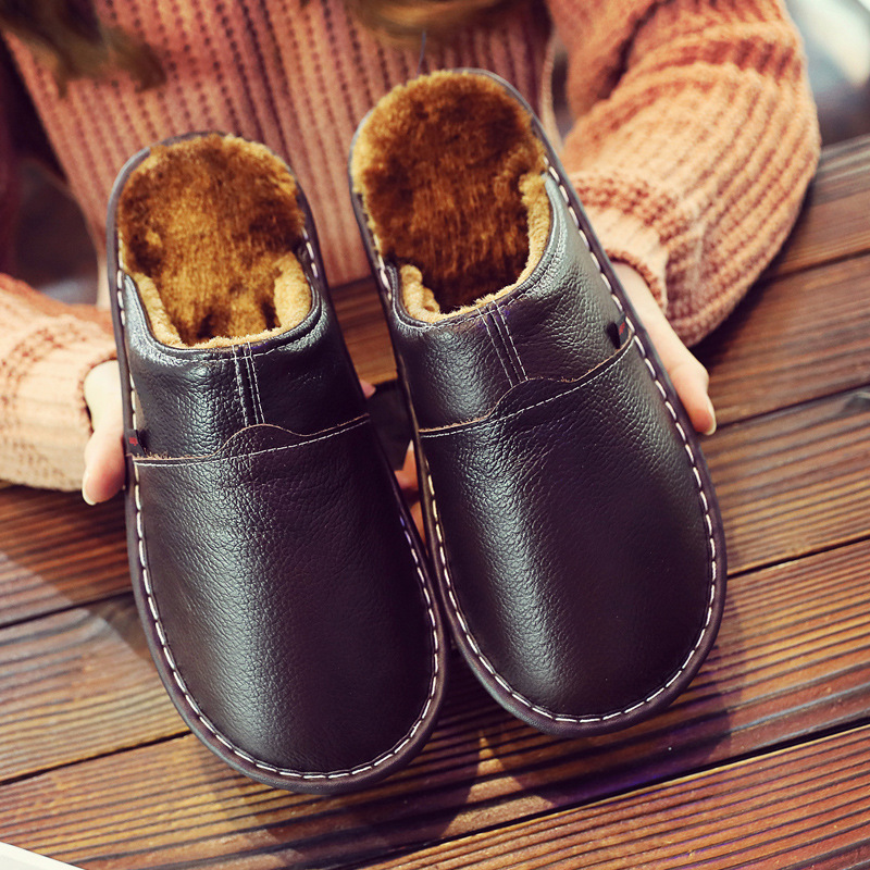 Winter Indoor Pure Leather Warm Cotton Slippers Couple Men's and Women's Home Cowhide Waterproof Soft Bottom Non-Slip Thickened Leather Slippers