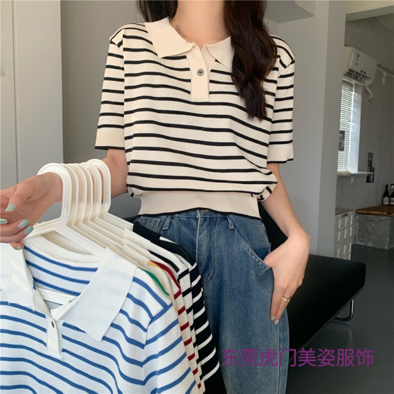 Summer Striped Polo Collar Button Knitwear Thin Popular Ready-Made Design Korean Casual Short-Sleeve Top for Women Trendy
