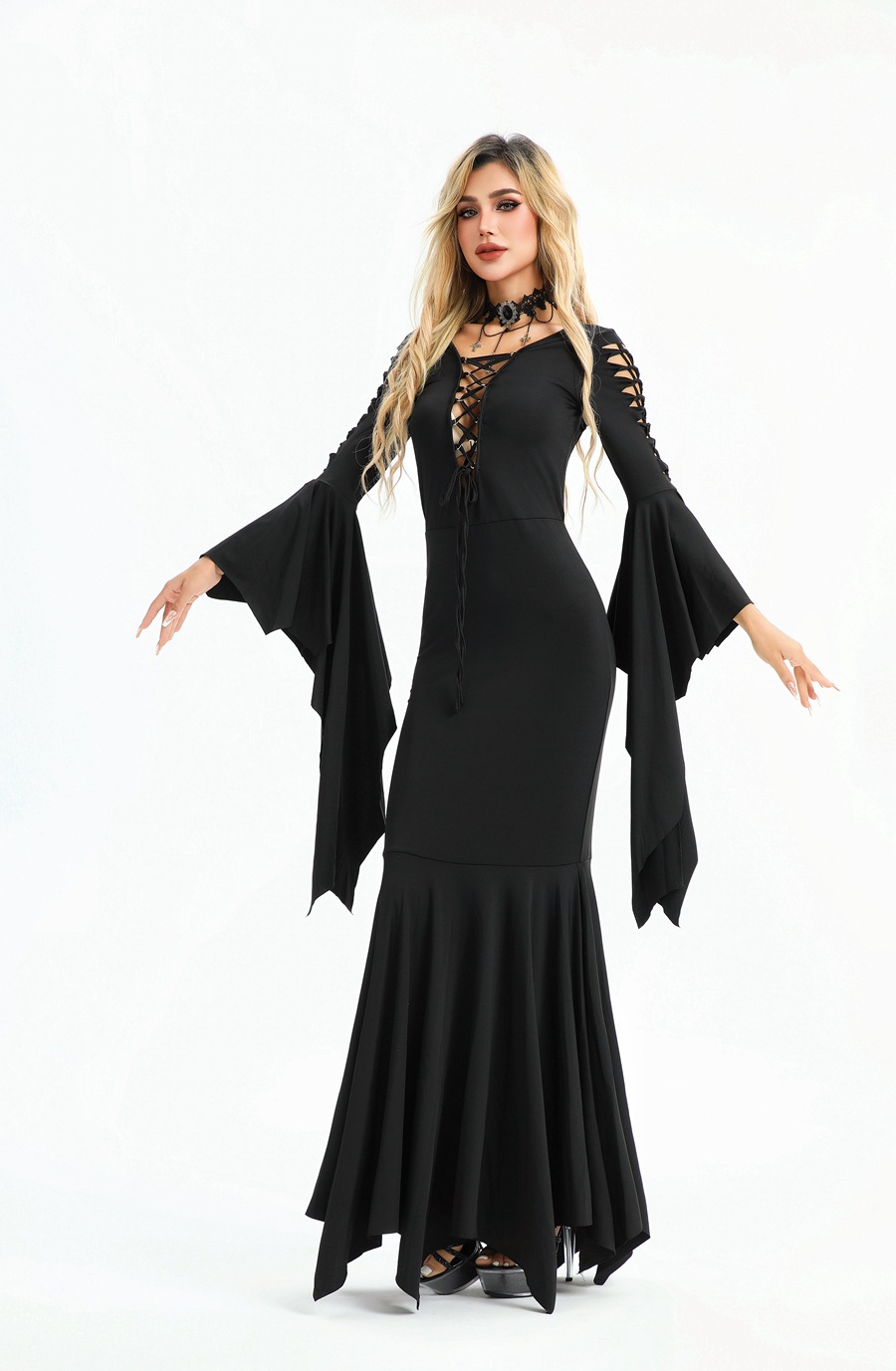 Gothic Vampire Bat Halloween Dress Medieval Witch Retro Costume_voghion.com