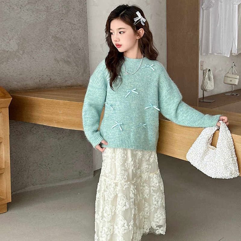 Girls' wool top, autumn and winter new style, bow dress, princess style, Korean style