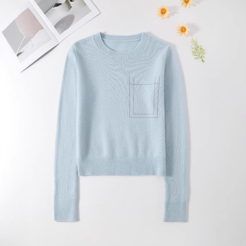 Autumn and Winter Pocket Crew Neck Solid Color Long-Sleeve Thick Knit Sweater, Loose Hong Kong Style, Versatile for Early Spring, Loose and Slimming
