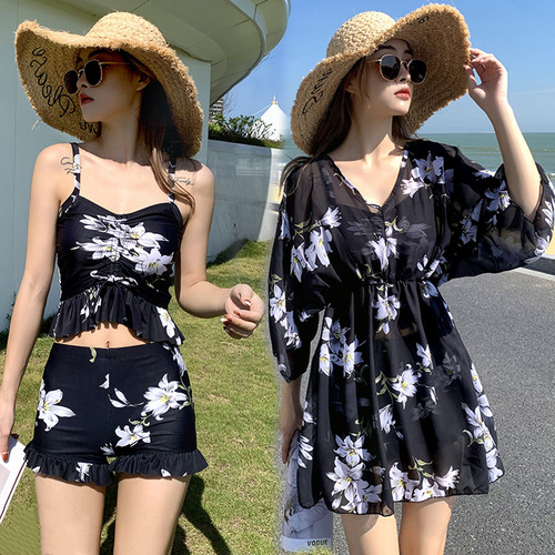 Women's separates conservative three-piece chiffon robe sun protection slimming stomach cover Korean version Ins plus size swimsuit