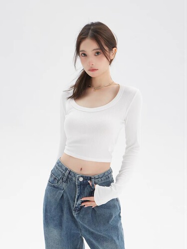 Women's Autumn Thin Fitted Elastic Ribbed Cotton U-Neck T-Shirt with Hong Kong Style, Versatile Short-Sleeve Long-Sleeve Top