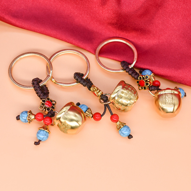 All Brass Mini Baifu Cylinder Bag Keychain Pendant Baifu Cylinder Recruiting Rice into Treasure Keychain Stall Heat Dispersive