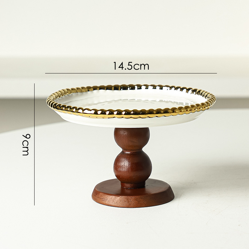 비즈 도트 세라믹 플레이트 + 브라운 우드 하이 다리