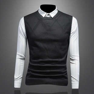 2024 Autumn and Winter New Fake Two-piece Sweater Men's All-match Fashionable Korean Style Slim-fit Casual Base Shirt 3626
