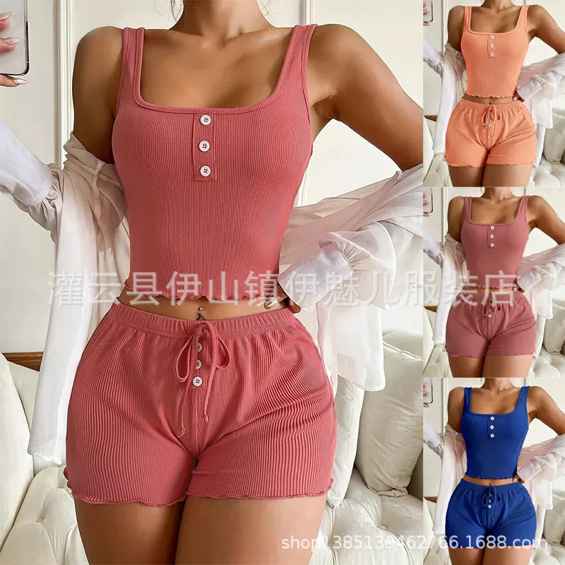 辣妹复古方领两粒扣吊带背心夏基础款百搭弹力修身超短款打底上衣