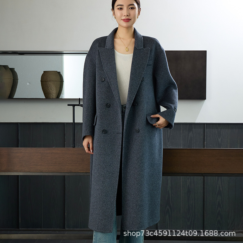 가을과 겨울 새로운 양면 캐시미어 코트 여성 중장 원피스 칼라 느슨한 슬리밍 소프트 100 순수 울 코트