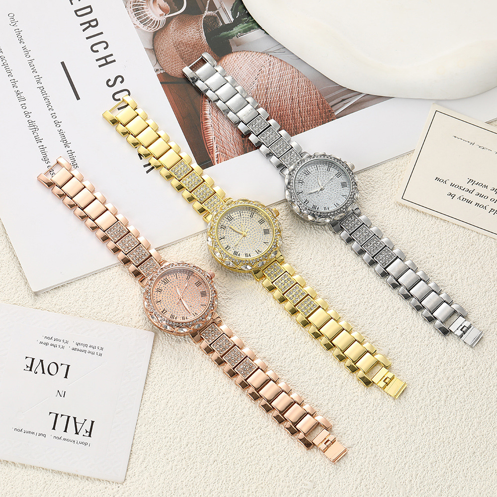 New Style Gypsophila Steel Band with Diamonds, Fashionable Men's Watch, Rhinestone Face, Roman Numerals, Full Diamond English Women's Watch Steel Band