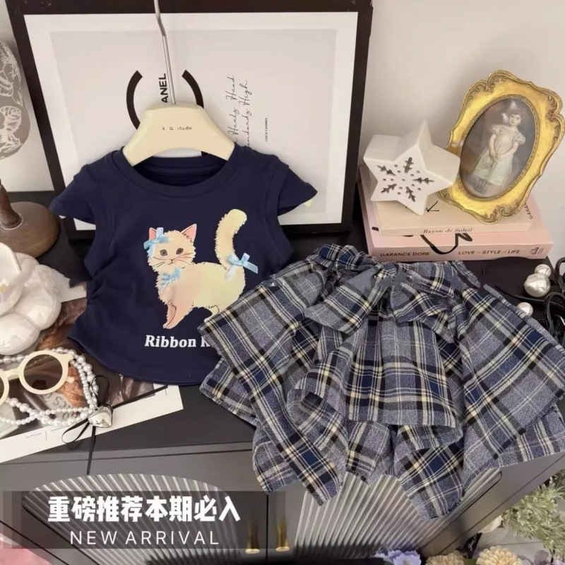 Korean Girls Cartoon Cat Bow T-Shirt + Asymmetrical Plaid Skirt Suit Small and Medium-Sized Children Short-Sleeved Skirt Summer