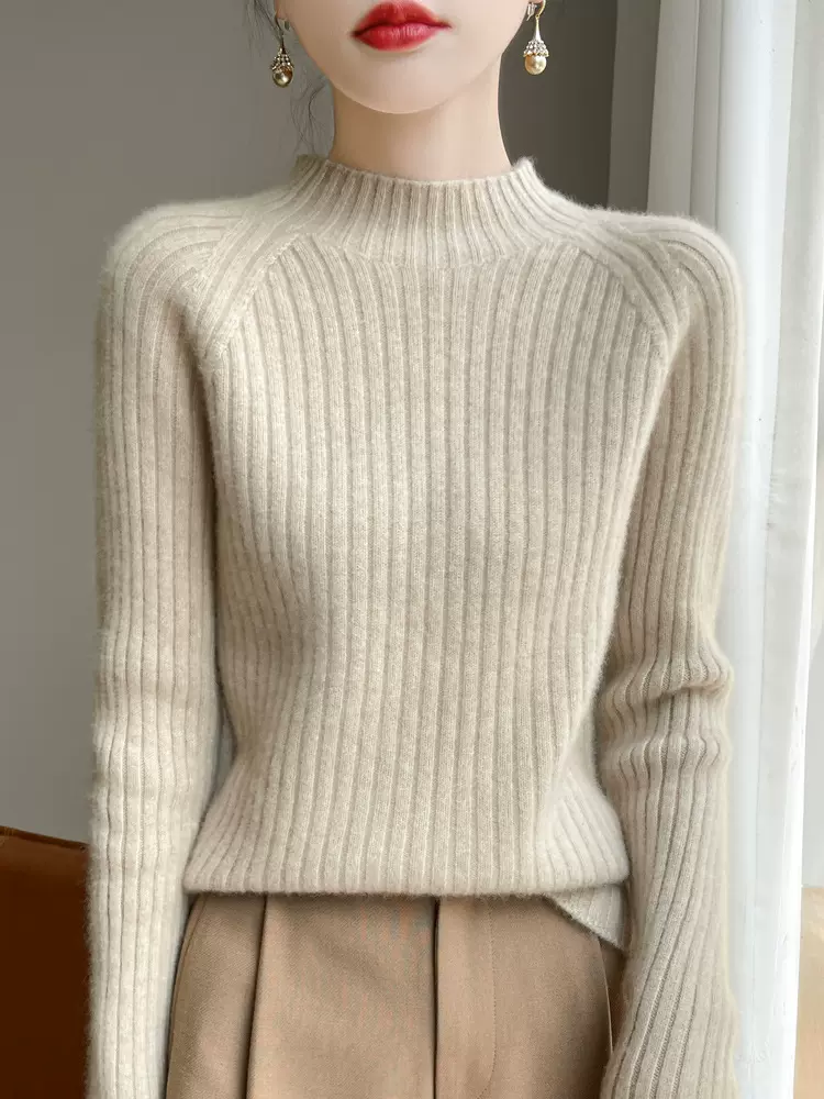 秋冬新款100羊毛衫半高领女宽松厚款显瘦打底上衣套头羊绒针织衫