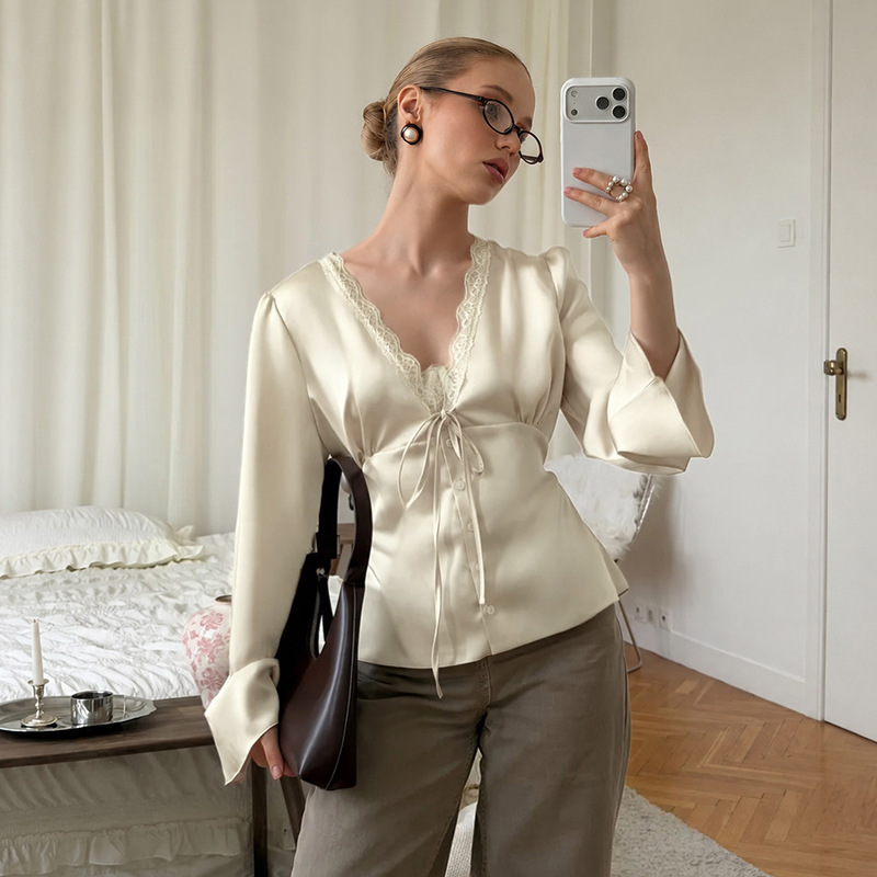 European and American cross-border satin lace-up shirt for women, 2026 autumn V-neck single-breasted long-sleeve cardigan top
