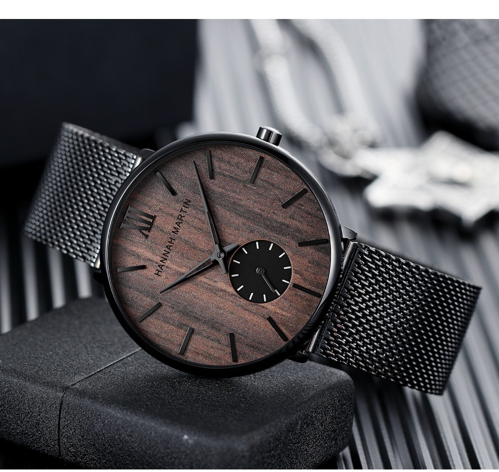 Beliebte Herrenuhr aus Walnussholz, schwarzes Ebenholz, Bambusoberfläche, Holz, kleines Zifferblatt_voghion.com