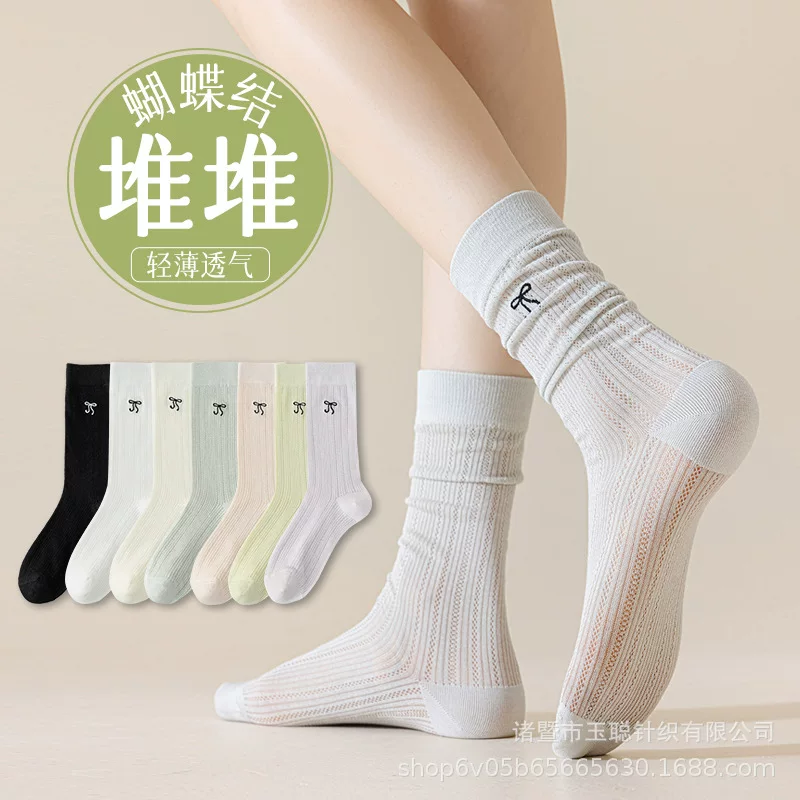 Thin summer footwear with bow, knee socks