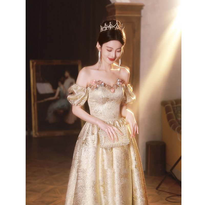Evening Dress for Women 2026 New Style Off-Shoulder Dress Niche Banquet Engagement Dress High-End Feel Adult Ceremony Performance Exam