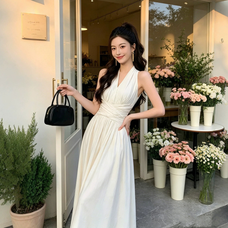 Sanya Seaside Resort Style V-Neck Pleated Design Niche Apricot Color Light Luxury Elegant Waist-Cinching Sleeveless Halter Neck Long Dress