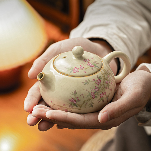 Rice Yellow Ru Kiln Xi Shi Teapot and Teacup Gongfu Tea Ceremony Tea Set Single Teapot Tea Pouring Home Use Ceramic Tea Pourer
