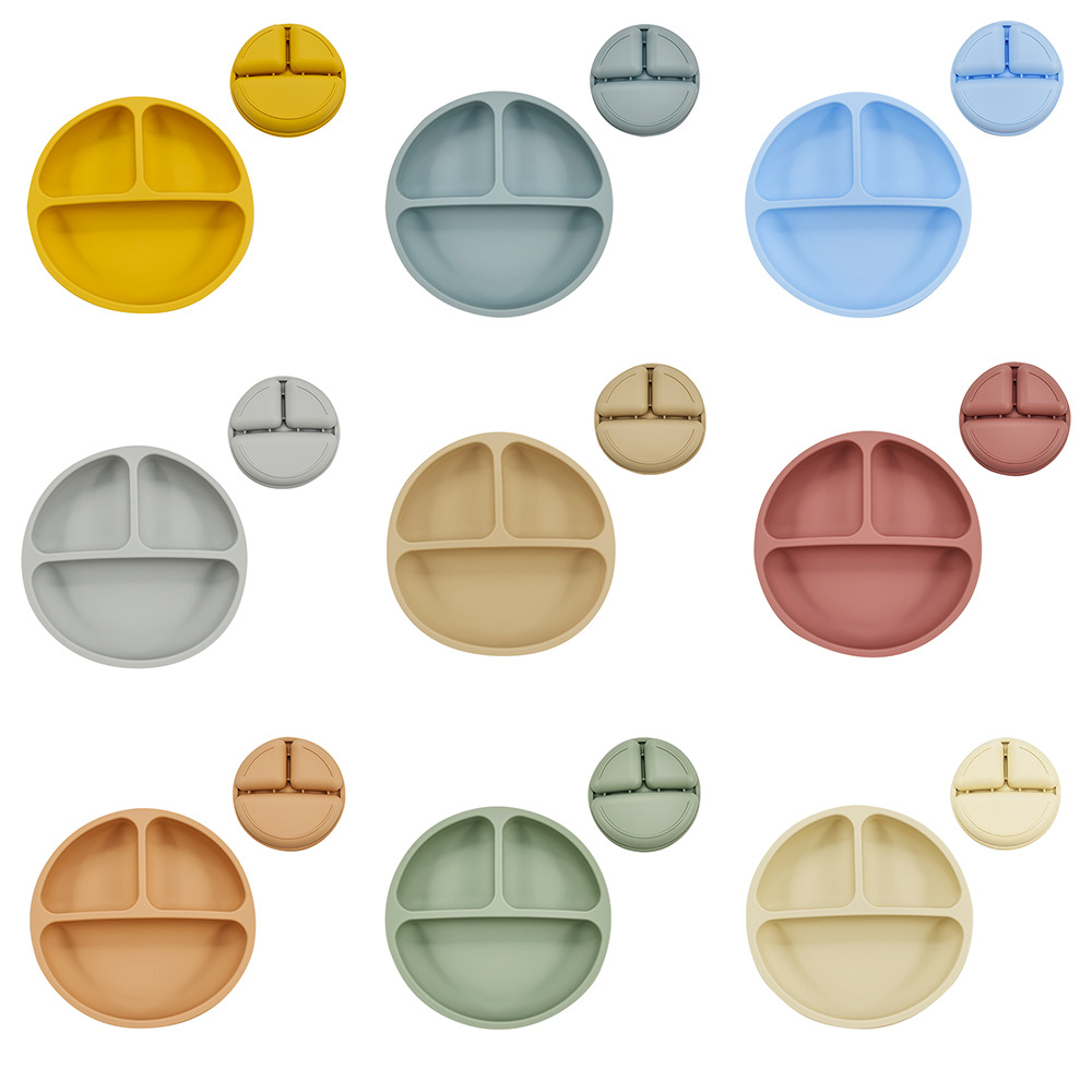 Silicona bebé cena placa redonda cara sonriente vajilla de silicona de los niños plato de cena de silicona suplemento de alimentos para bebés plato de cena del compartimiento