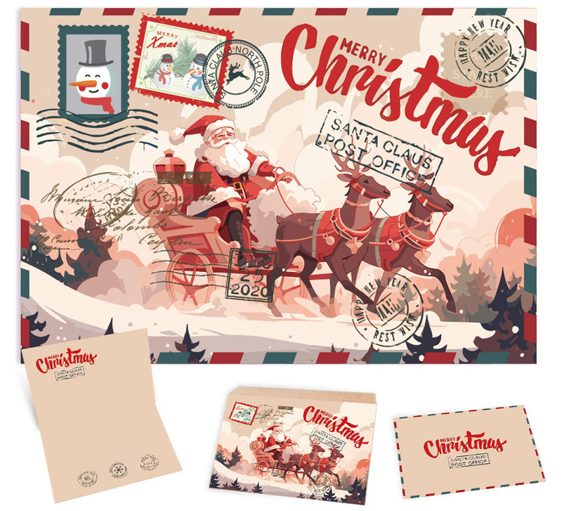 レトロ牛革クリスマスグリーティングカードクリスマスギフトカードかわいい漫画折り返しカード祝福メッセージカード封筒付き|undefined