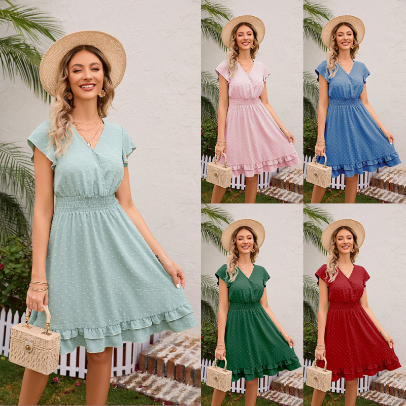 Cross-Border Women's Clothing Spring and Summer New Waist V Neck Dress Vacation Casual Short-Sleeved Slim Dress