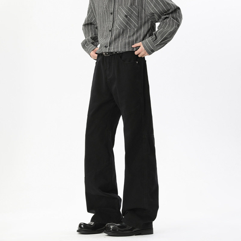 Jean homme style américain, pantalon de travail micro-évasé patchwork tendance automne, coloris uni vintage polyvalent_voghion.com