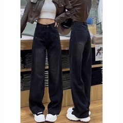 黒のワイドジーンズの女性の春のファッションの新型のゆったりとしたモップのズボンの太いmmの大きいサイズの高腰はやせているストレートのズボンを現します。