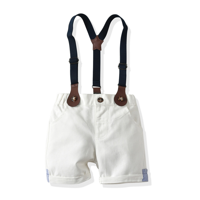 Striped Men's Short-sleeved Shirt Bow Suspender Shorts Suit display picture 4