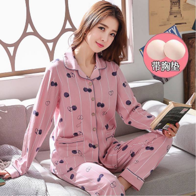 Pantalones de manga larga con almohadilla en el pecho anti-golpe de alta gama usable otoño 100% algodón Pijamas Mujer primavera y otoño homewear