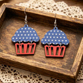 跨境新款美国独立日耳环红白蓝国旗耳钩木质印刷彩色耳坠