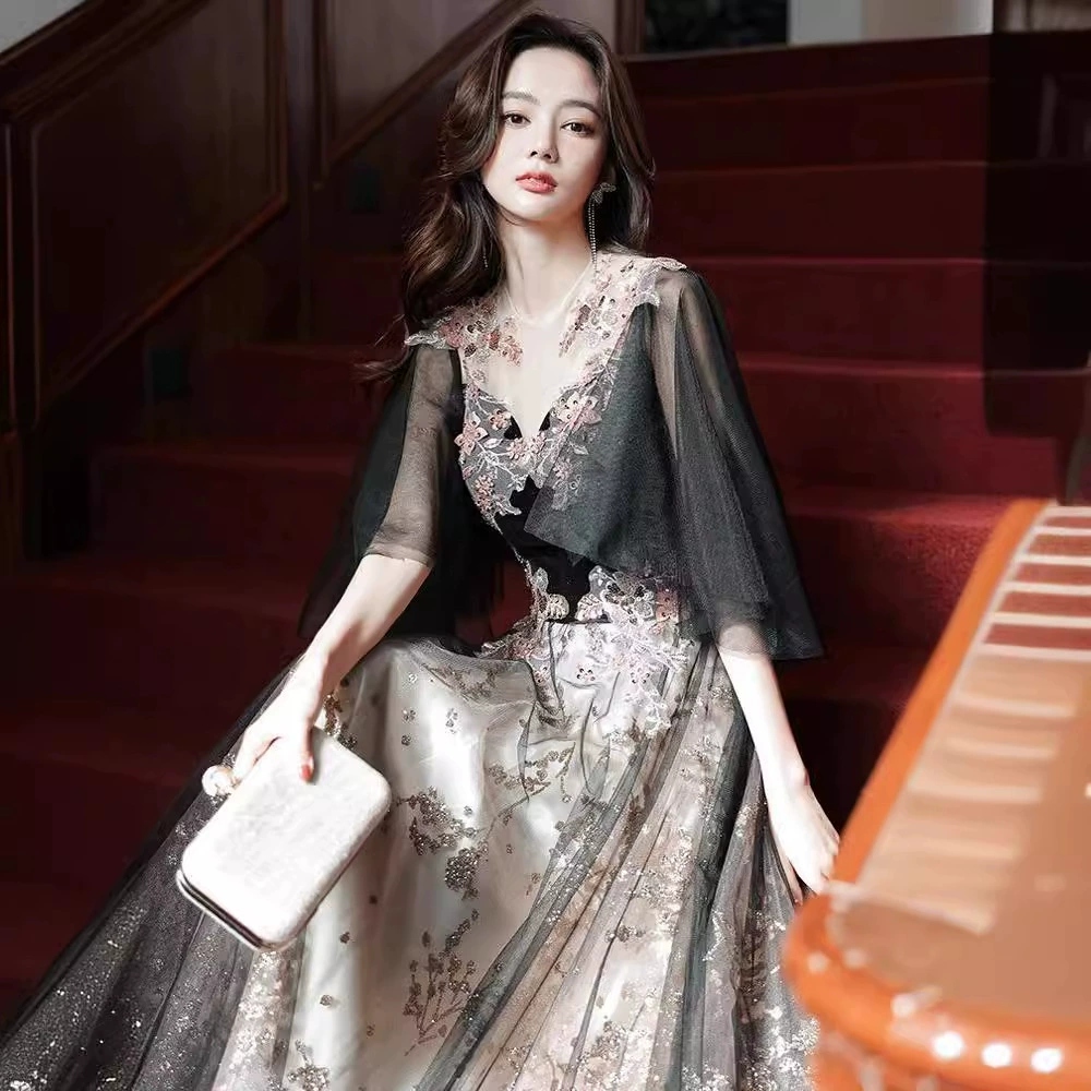 Black elegant evening dress, bright catchy style