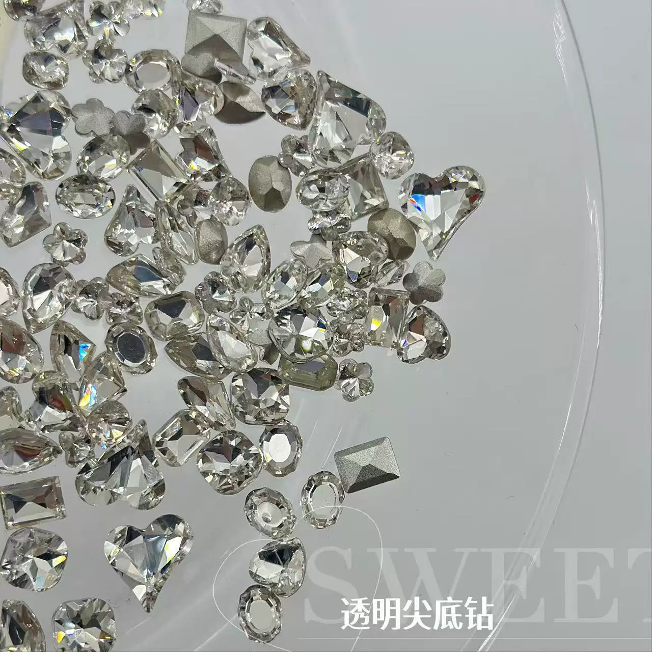 批发整包白色尖底钻大小号水滴爱心透明钻跨境美甲饰品混批