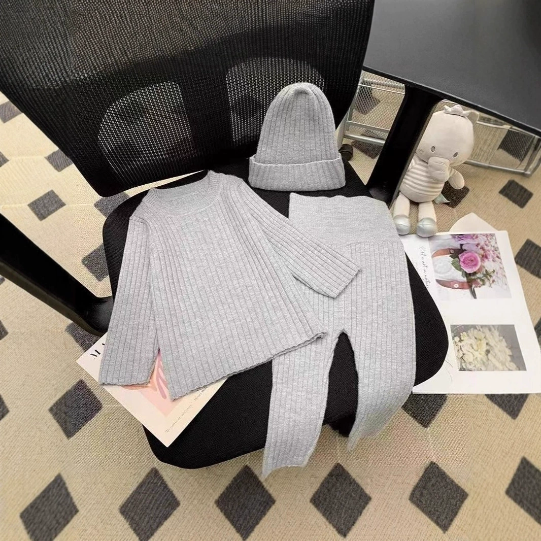 秋季新款男童女童毛线帽子纯色百搭韩版针织大头帽保暖毛衣三件套