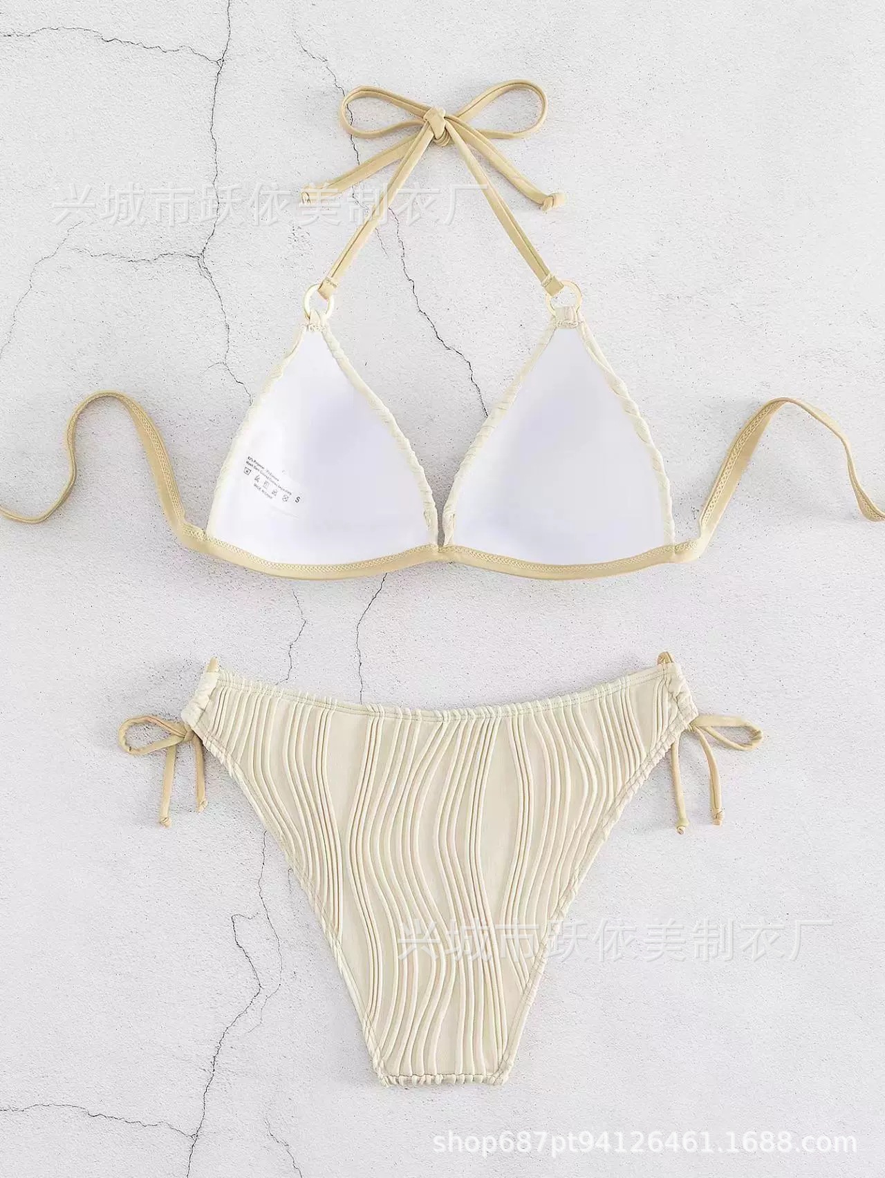 欧美新款游泳衣跨境性感分体带胸垫比基尼糖果色波浪法式三点详情8