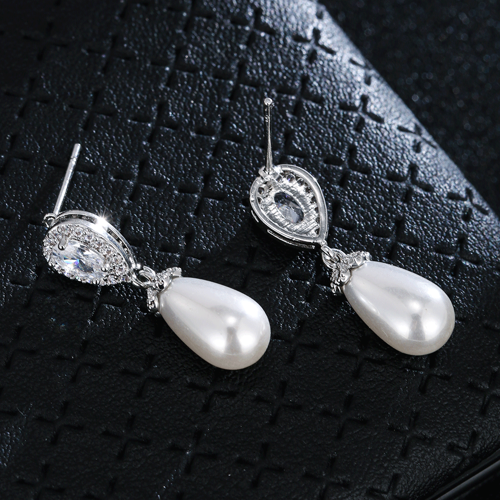 Boucles d'oreilles tendance en forme de goutte d'eau, perles et zircon, accessoires pour femme. Bijou idéal pour une robe de mariée ou une tenue de soirée._voghion.com
