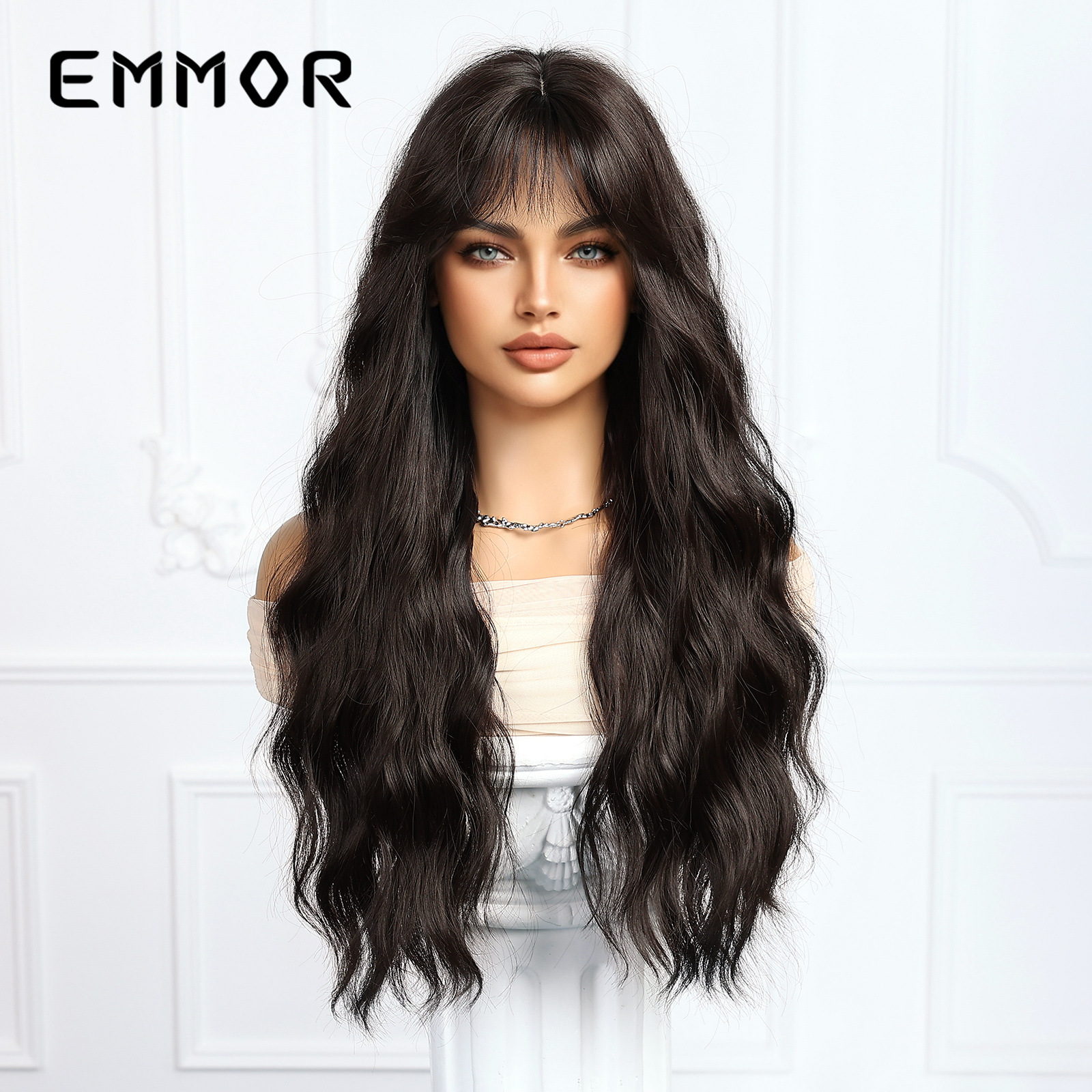 Comercio exterior transfronterizo nuevo producto aire flequillo natural agua negra ondulada pelo largo y rizado moda peluca de cabeza alta traje femenino