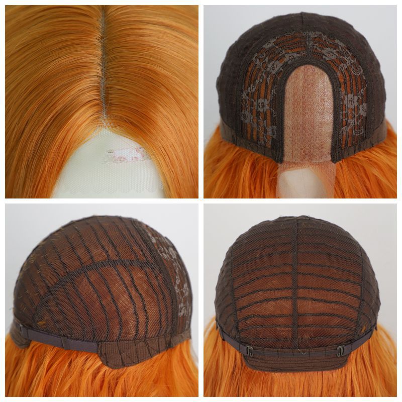 Peruklar Kadın Ön Dantel Ortadan Ayrılan Küçük Dantel Turuncu Renk Uzun Kıvırcık Saç Sentetik Peruklar_voghion.com