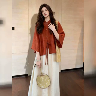 新中式文艺风上衣半身裙两件套女2026年夏季新款宽松显瘦系带套装