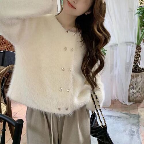 Women's Short-Sleeve Round Neck Knit Cardigan with imitation mink soft fabric, new autumn and winter fashion topcoat with double-breasted button design.
